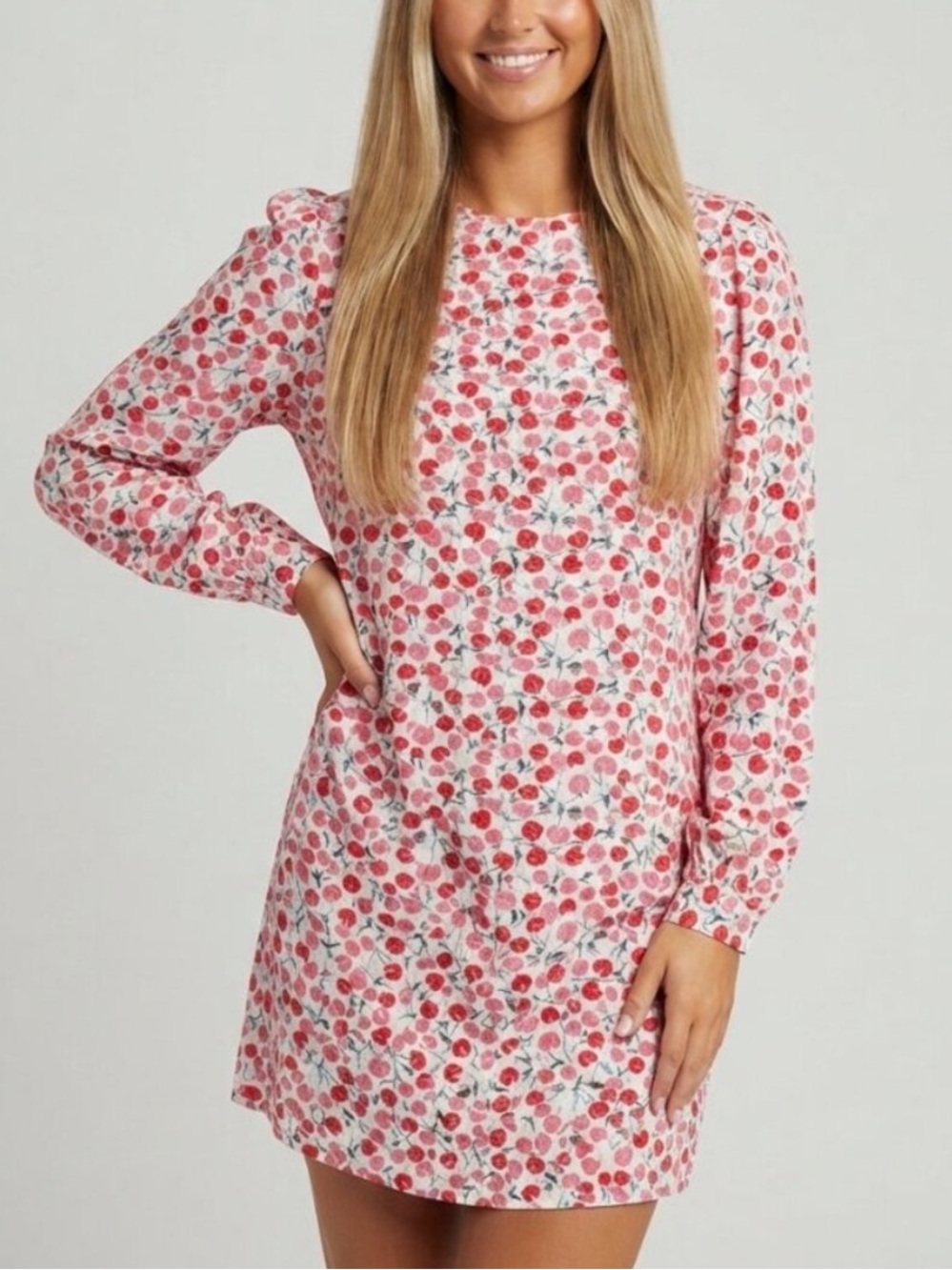 LOFT White Multicolor Cherry Print Long-Sleeve Mini Dress Medium 39929